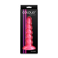 A pink silicone twisted dildo product in its original black retail packaging, featuring the brand name 'COLOURS' and product details 'TWIST 6.5"' and 'SILICONE'.