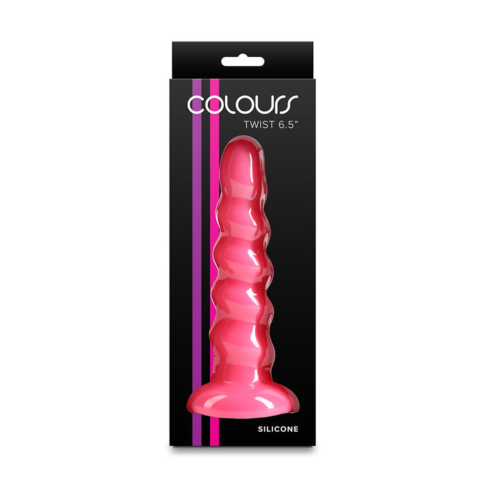 A pink silicone twisted dildo product in its original black retail packaging, featuring the brand name 'COLOURS' and product details 'TWIST 6.5"' and 'SILICONE'.