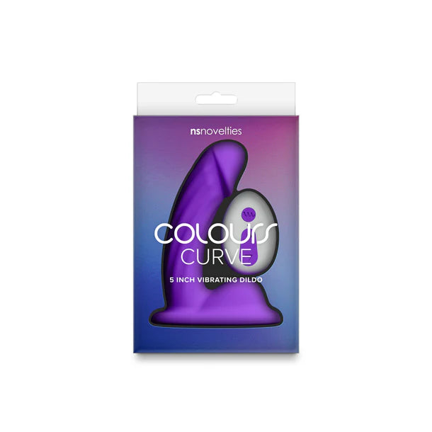 Purple packaging of a 5-inch vibrating dildo with 'Colours Curve' branding on a white background.
