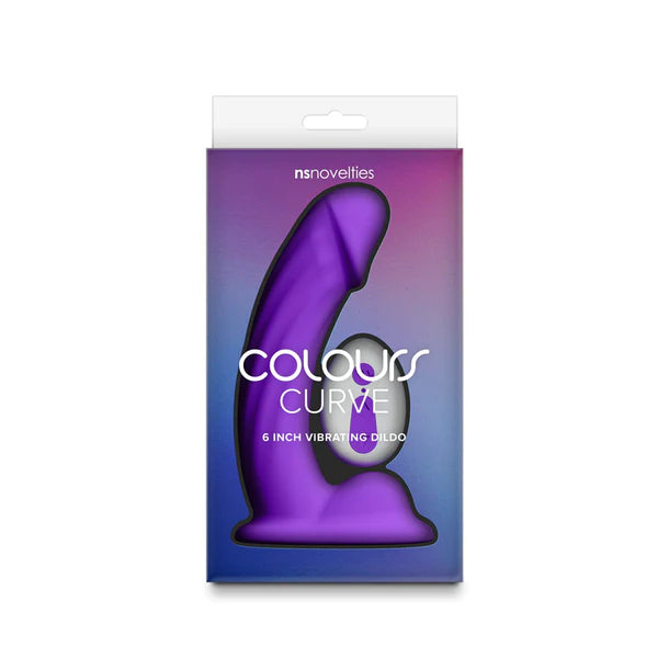Purple packaging of a 6-inch vibrating dildo with 'Colours Curve' branding on a white background.