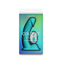 Packaging of a 'Colours Curve' 6-inch vibrating dildo with gradient blue and green design.