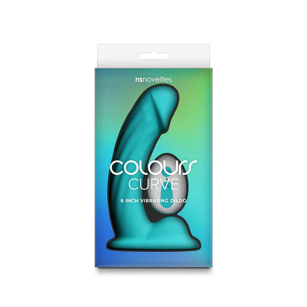 Packaging of a 'Colours Curve' 6-inch vibrating dildo with gradient blue and green design.