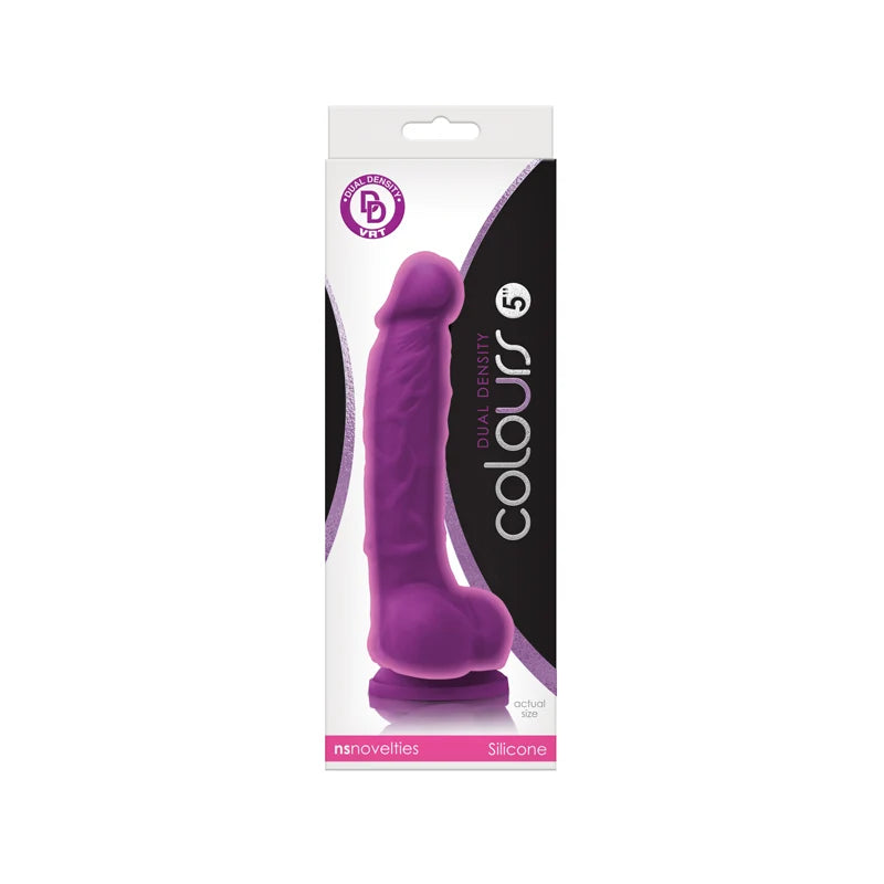 realistic dildo with balls on box packaging, 5" in purple
