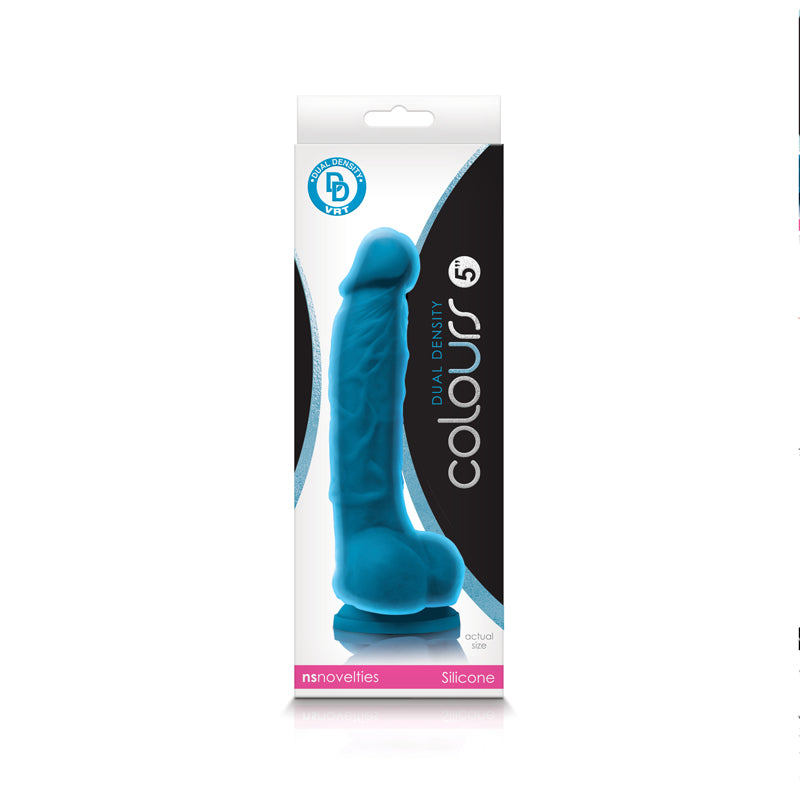 realistic dildo with balls on box packaging, 5" in blue