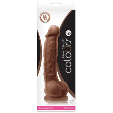 a white and black display box depicting a brown detailed penis shaped dildo with balls and a suction cup.