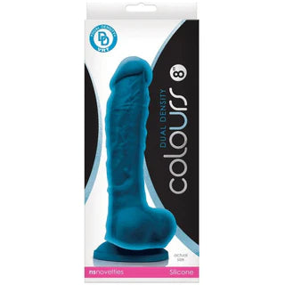a white and black display box depicting a blue detailed penis shaped dildo with balls and a suction cup.