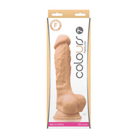 a white and beige display box depicting a beige detailed penis shaped dildo with balls and a suction cup.