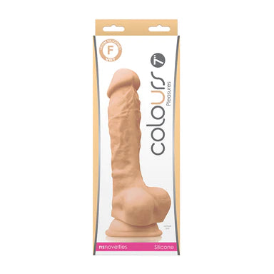 a white and beige display box depicting a beige detailed penis shaped dildo with balls and a suction cup.