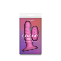 Pink and purple packaging of a 5-inch vibrating dildo with 'Colours Ribbed' branding on a white background.