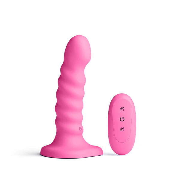 Pink silicone dildo vibrator with control panel on a white background