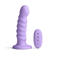Purple silicone vibrating dildo with remote control on a white background