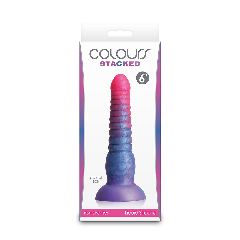 Pink & Purple dildo with ridged swirls, bottom base on box packaging