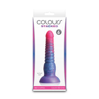 Pink & Purple dildo with ridged swirls, bottom base on box packaging