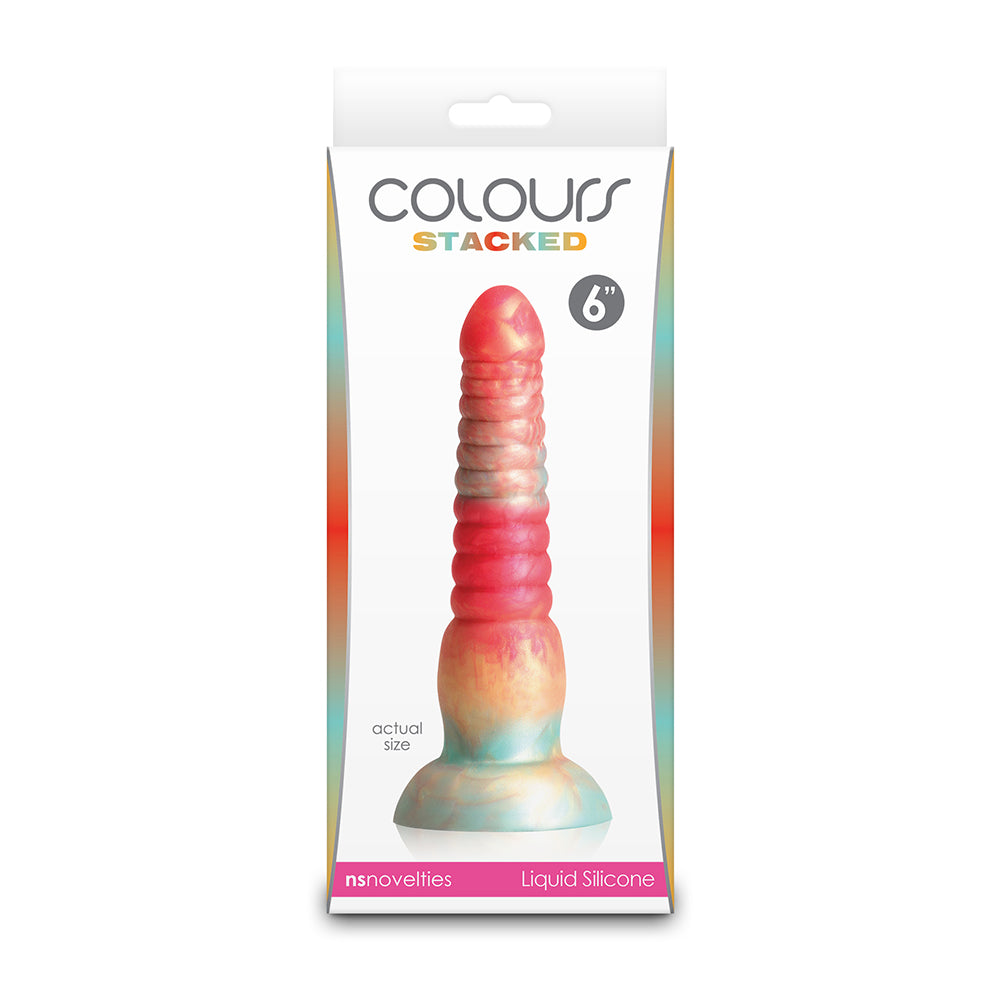 gold and red dildo with ridged swirls, bottom base on box packaging