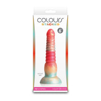 gold and red dildo with ridged swirls, bottom base on box packaging