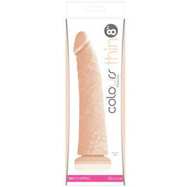 a white display box depicting a beige penis shaped dildo with a suction cup