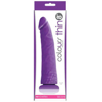 a white display box depicting a purple penis shaped dildo with a suction cup
