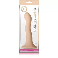 a white box depicting a beige wavy dildo with a suction cup base