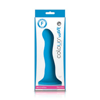 a white box depicting a blue wavy dildo with a suction cup base
