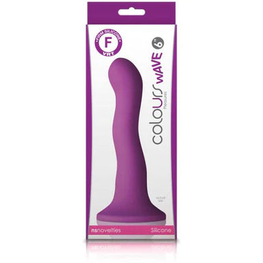 a white box depicting a purple wavy dildo with a suction cup base