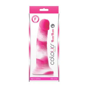 a white display box depicting a pink and white penis shaped dildo with a suction cup base