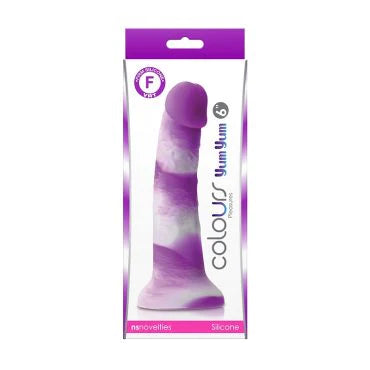 a white display box depicting a purple and white penis shaped dildo with a suction cup base