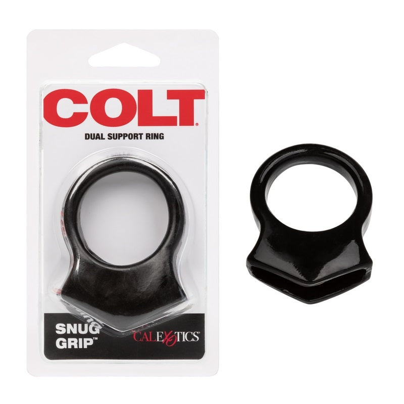 black snug cock ring with connected scrotum ring in clear package