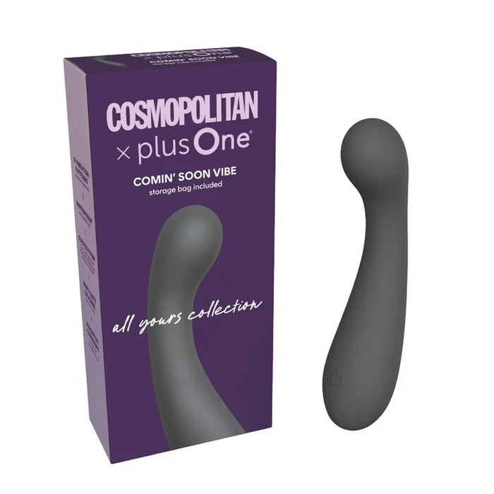 black curved vibrator beside purple box packaging on white back ground