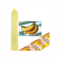 condom with banana-themed packaging on a white background