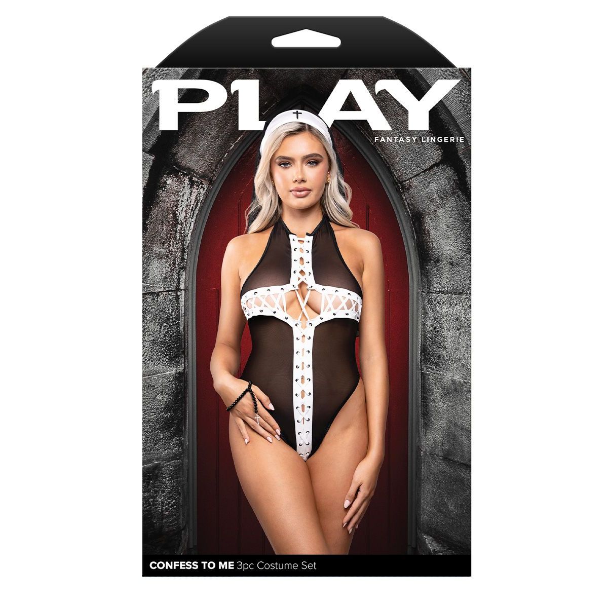 Play Fantasy Lingerie packaging with a model wearing a costume set against a stone wall background.
