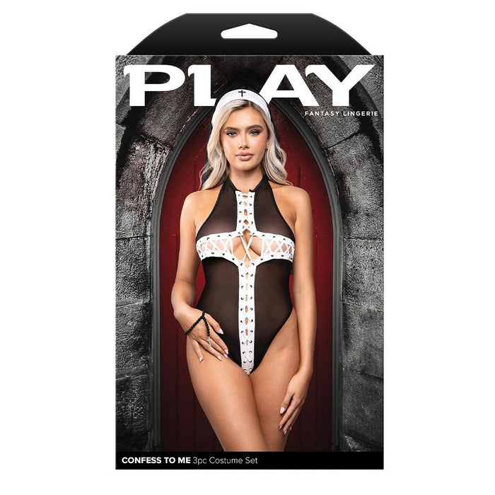 Play Fantasy Lingerie packaging with a model wearing a costume set against a stone wall background.