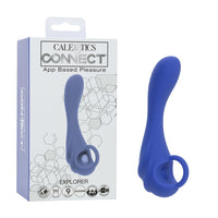 Blue silicone anal plug with packaging labeled 'Caleotics Connect' on a white background