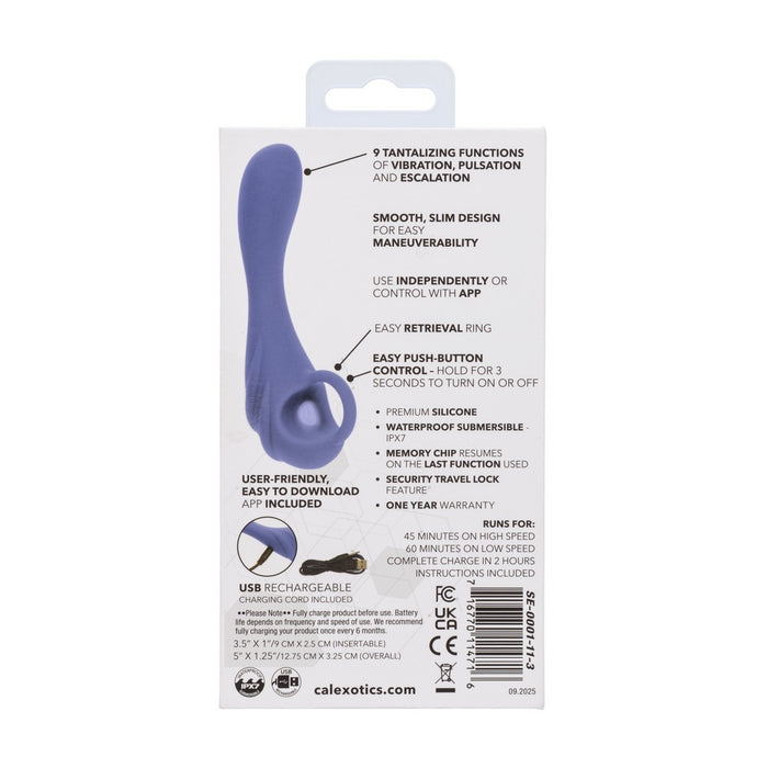 Product packaging with text and a purple device on a white background