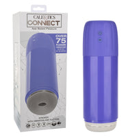 blue case masturbator with grey insert sleeve, vibrating and suction. beside box packaging
