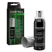 a black spray bottle of genital desensitizer beside box packaging