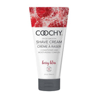 Coochy Shave Cream berry bliss tube with red cap and white body on a white background