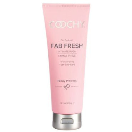 A pink tube of Coochy Fab Fresh Feminine Wash with the scent of Peony Prowess. The packaging has text including the product name, description, and ' Moisturizing pH Balanced'.