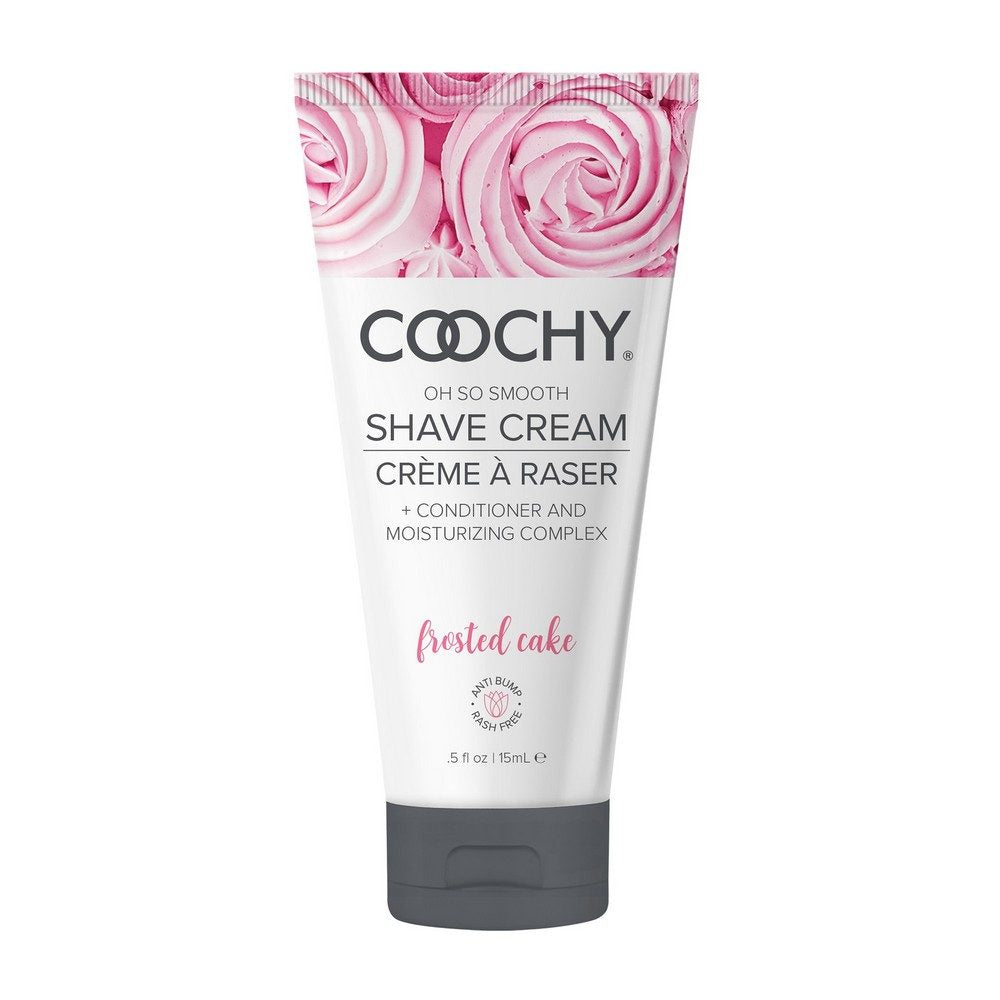 Coochy shave cream tube frosted cake with pink rose design on a white background