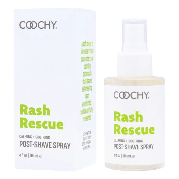 a spray bottle of coochy rash rescue post shave spray beside box 