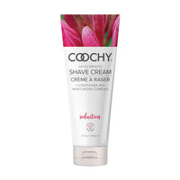 Coochy shave cream seduction tube with pink floral design on a white background
