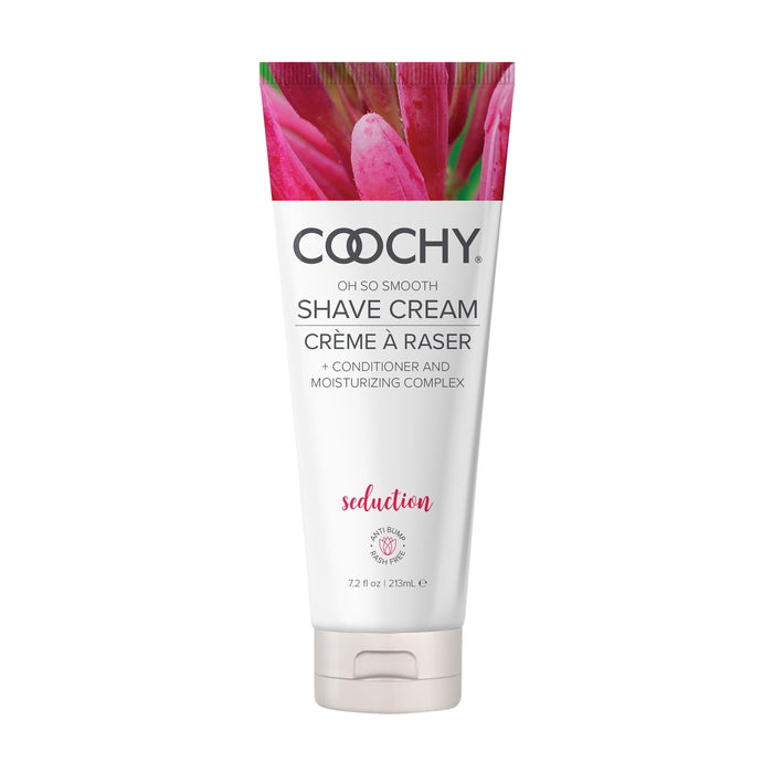 Coochy shave cream seduction tube with pink floral design on a white background