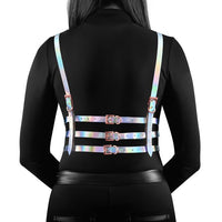 womans back side wearing a rainbow strapped harness
