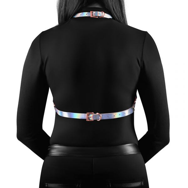 woman wearing a rainbow strapped harness