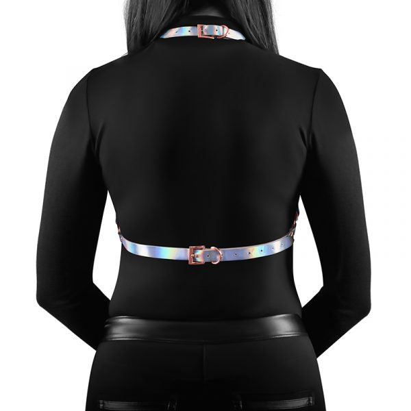 woman wearing rainbow strapped harness