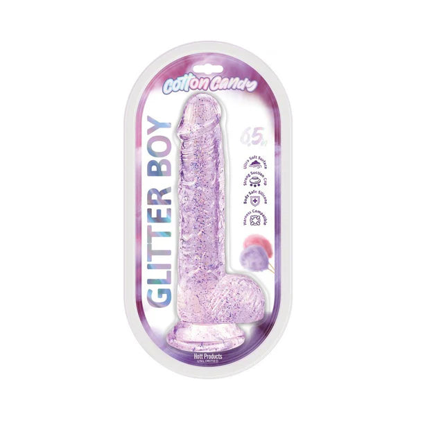 Glittery purple dildo with balls with 'Cotton Candy' branding on a white background
