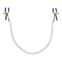 gold chain with blue and gold nipple clamps