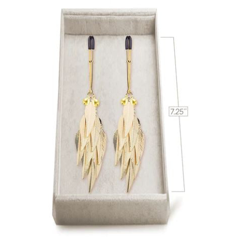 nipple tweezers with gold feathers in box with measurements