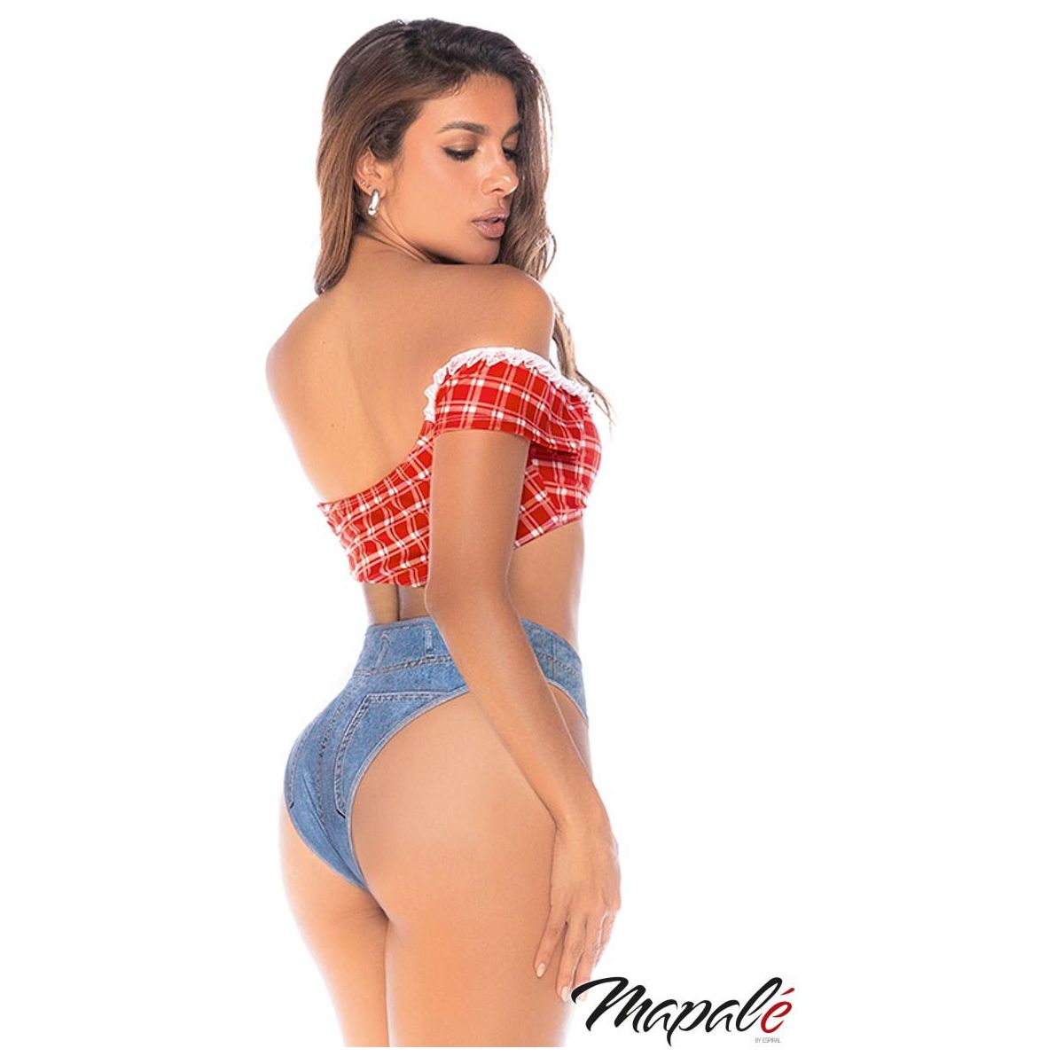 Woman wearing a red and white checkered top and denim high-waisted bottoms on a white background with 'Mapale' branding.