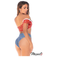 Woman wearing a red and white checkered top and denim high-waisted bottoms on a white background with 'Mapale' branding.