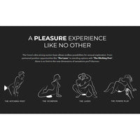 Illustrations of sexual positions with text describing a pleasure experience on a black background